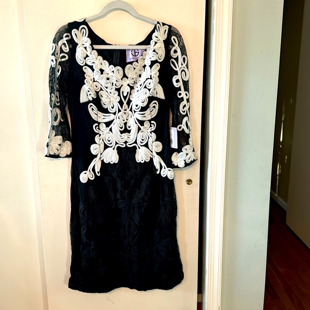 JS Collections Soutache 3/4 Sleeve Lace Dress Cocktail Black White Sz 12 NWT